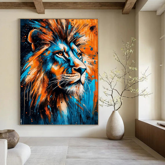 Contemporary abstract painting featuring a lion with piercing eyes in vibrant blue and orange symbolizing strength and the wild beauty of nature. DLZ1303