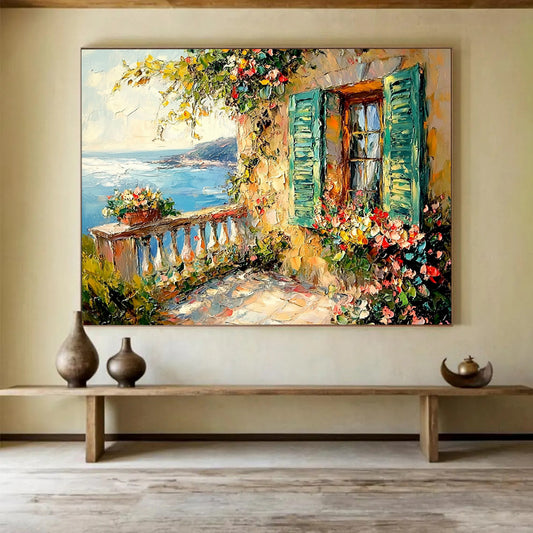 “Mediterranean Balcony” - Blue, Green, Colorful Flowers, Coastal Balcony - Impasto Oil Painting HB1681