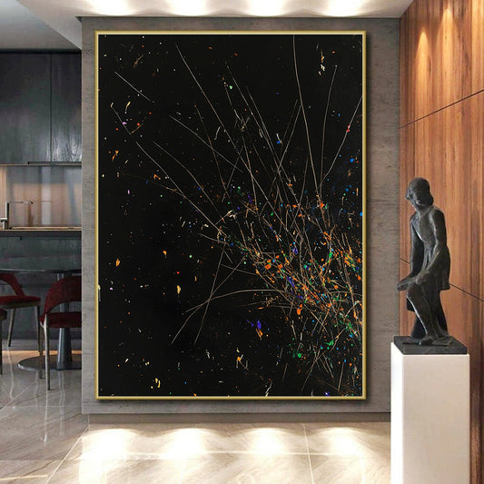Black, Colorful Specks, Thin Lines "Starry Explosion" Abstract Painting On Canvas HB023