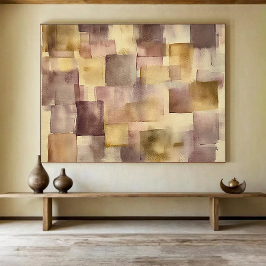 “Muted Geometric Squares” - Purple, Beige, Geometric, Abstract Painting On Canvas HB0764