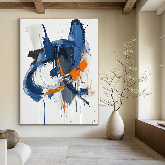 Contemporary abstract artwork features blue white and orange lines with paint drips and organic shapes on paper minimalist style by Sai Ren Wong. DLZ1027
