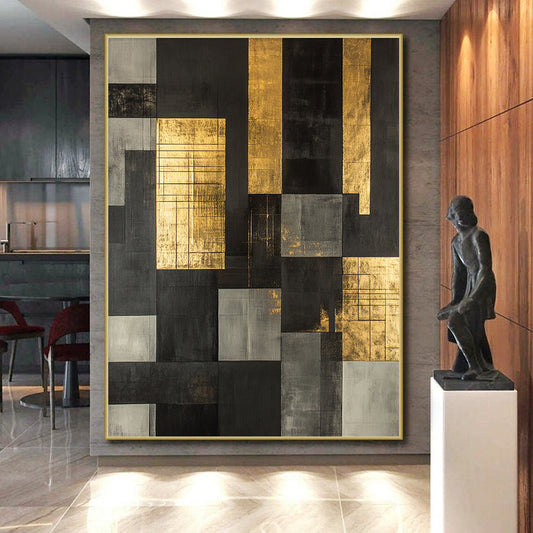 Black, Gray, Gold with Grid Patterns "Structured Glow" Abstract Painting On Canvas HB008