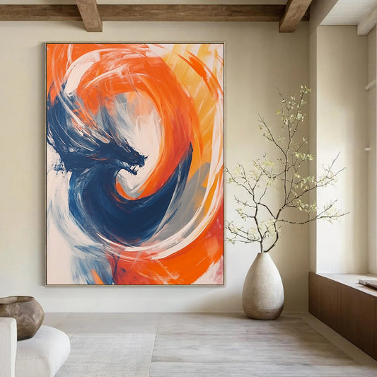 Contemporary abstract artwork featuring vibrant orange and blue circular forms with fluid movement, white strokes, and a dynamic dragon motif at the center. DLZ1014