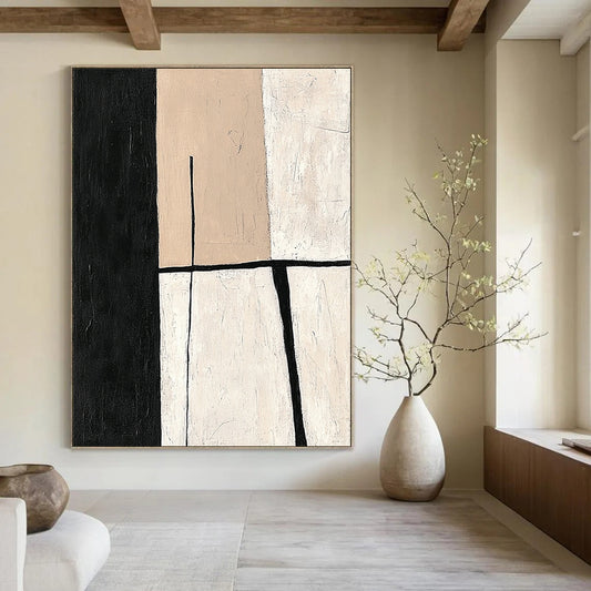 Contemporary hand-painted abstract work featuring minimalistic shapes in a balanced neutral palette of beige and black for an elegant modern aesthetic. DLZ0936