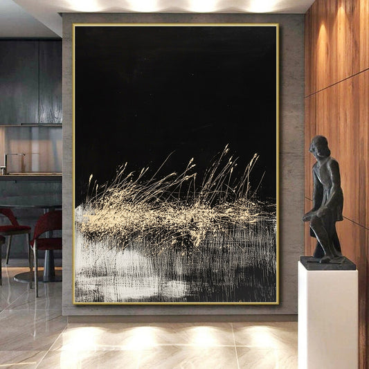 Black, Gold, White, Grass - like Swirls "Midnight Meadow" Abstract Modernist Painting On Canvas HB084