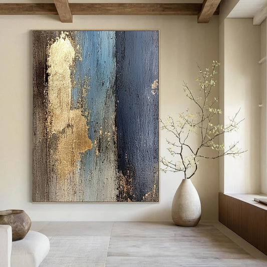 Contemporary abstract artwork featuring a textured wooden wall with peeling paint and glimpses of gold leaf, evoking a dark yet luminous atmosphere. DLZ1280