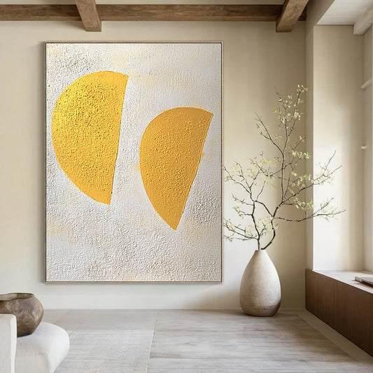 Large contemporary hand-painted abstract art featuring two yellow half-circles against a textured white and gray background in a soft color palette. DLZ1429