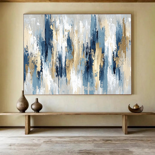 “Elegant Blue, Gray, and Gold Vertical Strokes” - Blue, gray, gold; Abstract vertical strokes with gold accents; Acrylic Painting On Canvas HB1231