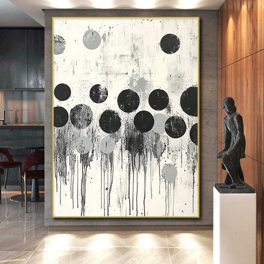 Black, Gray & White Dripping Dots - “Urban Raindrop Rhythm” Painting On Canvas HB191