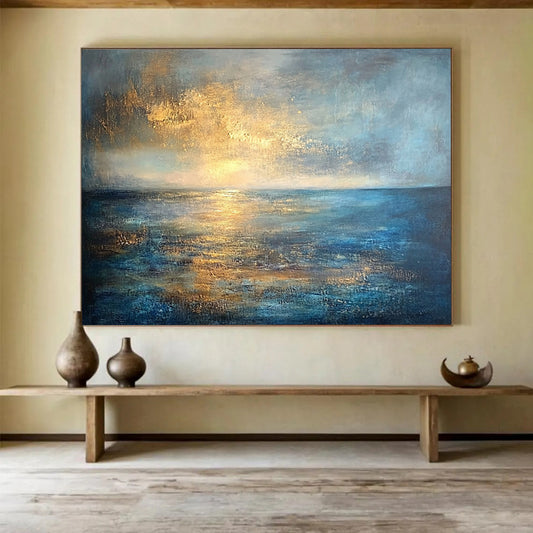 “Golden Sunset Seascape” - Gold, blue, gray; Abstract sunset over the sea; Textured Oil Painting On Canvas HB1188