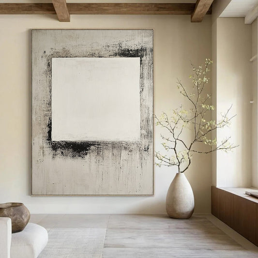 Contemporary hand-painted abstraction featuring a large central white square on a minimalistic canvas with vintage distressed neutral tones. DLZ0536