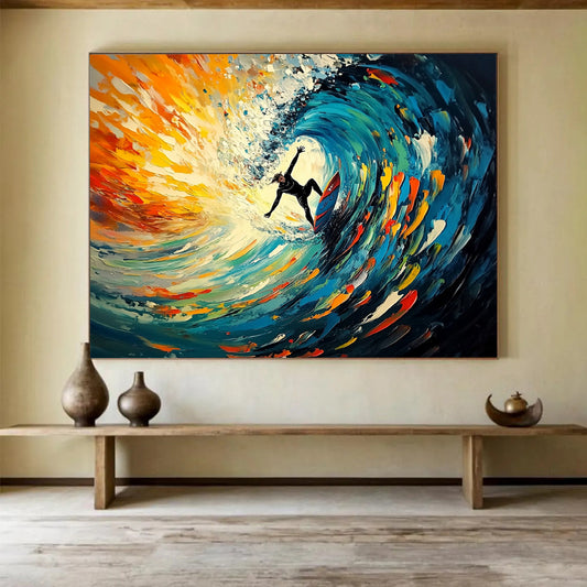 “Surfing The Color Wave” - Blue, Orange, Surfing Oil Painting On Canvas HB0722