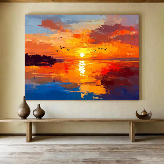 “Fiery Sunset Seascape” - Orange, Red, Yellow, Blue, Purple - Impasto Sunset Over Water - Oil Painting HB1324