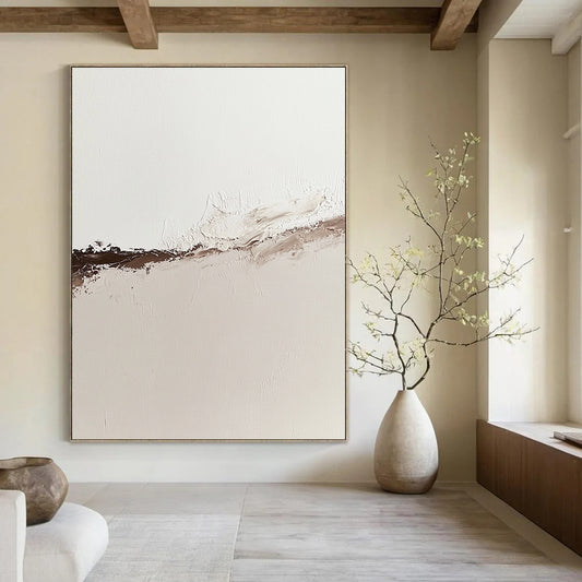 Contemporary abstract oil painting showcasing the tranquil boundary of water and desert sand in muted neutral tones with rich brown accents. DLZ1312