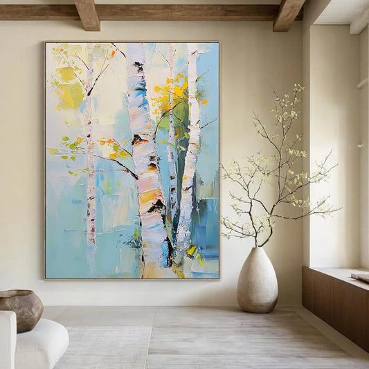 Contemporary hand-painted abstract art featuring birch trees with pastel hues expressing nature's beauty through soft brushstrokes and atmospheric light effects. DLZ1104