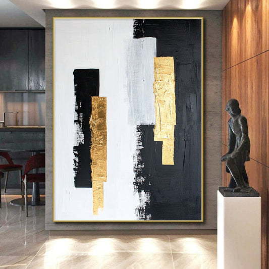 Black, White, Gray, Gold, Vertical Strokes "Gilded Simplicity" Abstract Minimalist Painting On Canvas HB148
