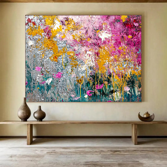 “Textured Floral Abstract” - Yellow, Pink, Silver, Green with Thick Textures - Painting On Canvas HB1379