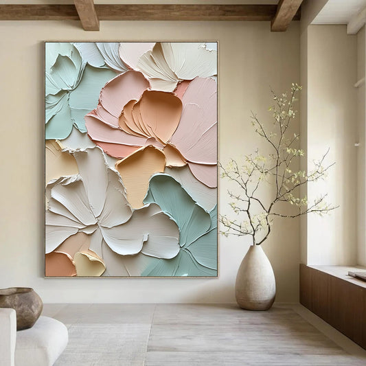 Large contemporary abstract floral artwork featuring textured petals and leaves in soft pastels exuding tranquility and depth through impasto strokes. DLZ1184