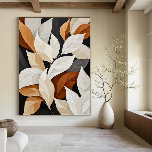 Contemporary abstract painting featuring white and beige leaves with brown edges on dark backgrounds showcasing varied sizes shapes and angles in a muted color palette. DLZ1425