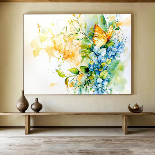 “Vibrant Butterfly & Blooms” - Blue, Yellow, Butterfly, Flowers Painting On Canvas HB0761