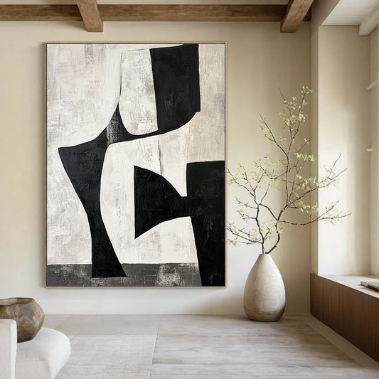 Contemporary hand-painted abstract artwork featuring black and white shapes creating negative space resembling legs against a gray-toned background. DLZ1392