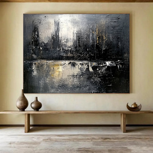 “Monochrome Cityscape Reflection” - Black, White, Gold, Abstract City Reflection HB1129