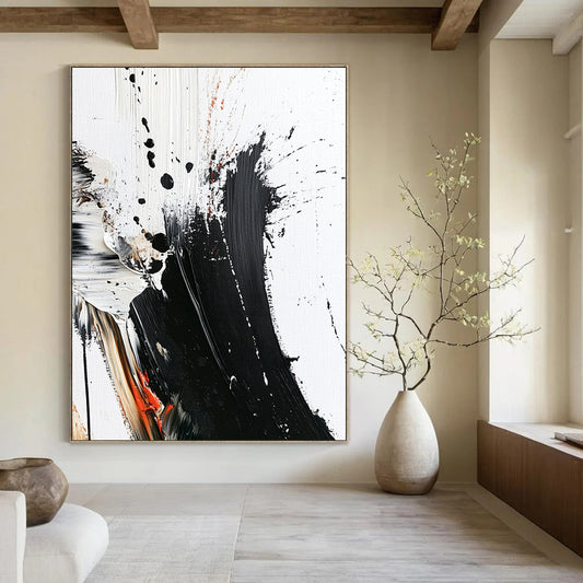 Contemporary abstract painting with bold brush strokes thick texture and striking color splashes on white canvas minimalistic design high contrast art piece. DLZ0312