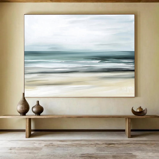 “Minimalist Coastal Hues” - Soft Grays, Muted Greens, Calm Ocean - Acrylic Painting HB1617