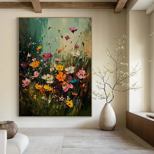 Contemporary hand-painted abstract art featuring a vibrant garden of wildflowers with colorful petals and soft brush strokes in a vintage style. DLZ1497