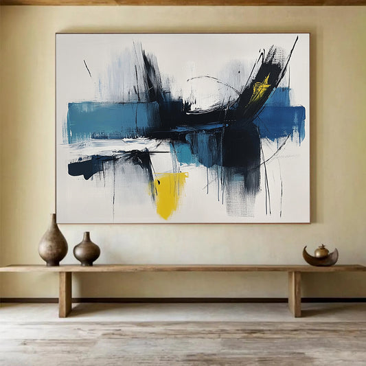 “Dynamic Blue - Black Strokes” - Blue, Black, Yellow, Expressive Brushstrokes - Abstract Expressionist Acrylic Painting HB1519