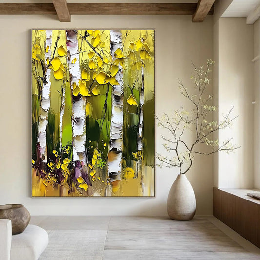 Contemporary abstract artwork featuring vibrant birch trees with thick brushstrokes, palette knife technique, and bright yellow and green foliage against striking white bark. DLZ1105