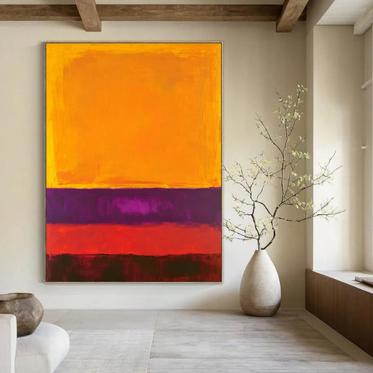 Contemporary hand-painted abstract artwork featuring vivid orange yellow and purple hues in a minimalist composition. Perfect for modern decor. DLZ1594