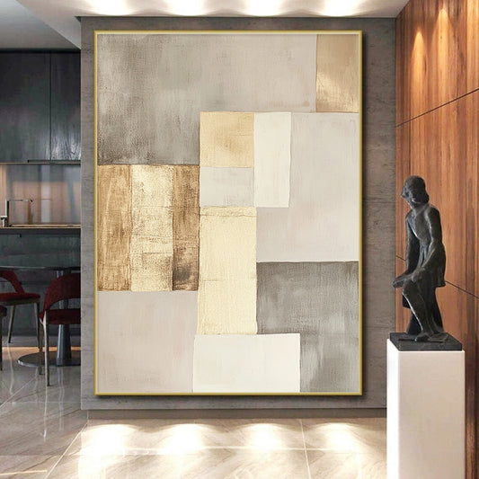 Beige, Gray & Gold Geometric Squares - “Elegant Neutral Grid” Painting On Canvas HB206