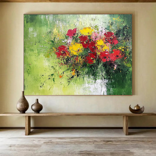 Impasto Flower Bouquet on Green - Textured Still - Life Painting On Canvas HB0475