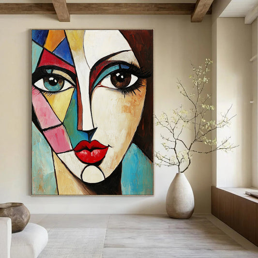 Contemporary abstract painting featuring a woman's face with large eyes vibrant geometric shapes red lips and brown hair on a square canvas. DLZ0376