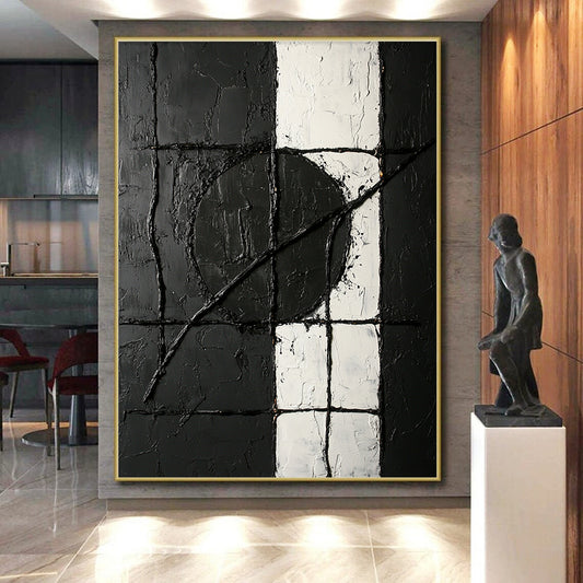 Black, White, Textured Grid "Monochrome Maze" Abstract Minimalist Painting On Canvas HB074