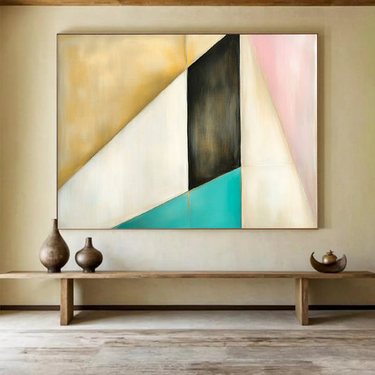 “Geometric Color Block” - Gold, Black, White, Pink, Teal, Geometric Shapes - Painting On Canvas HB1436