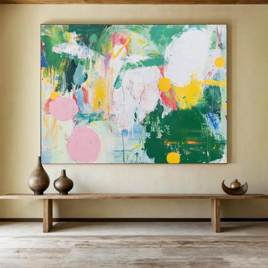 “Colorful Abstract Expressionist” - Green, yellow, pink, blue, white; Vibrant abstract expressionist; Acrylic Painting On Canvas HB1251