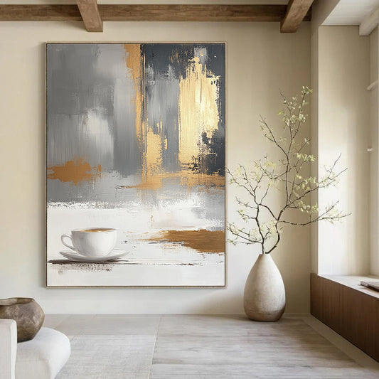 Contemporary abstract painting featuring a serene gray background with gold accents and soft brush strokes on canvas capturing elegance and tranquility. DLZ0724