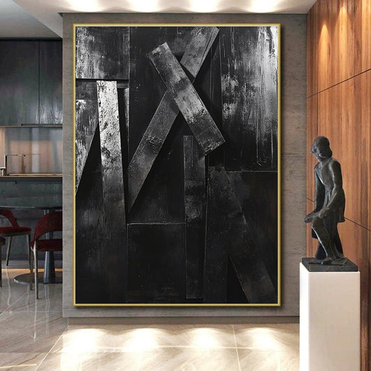 Textured Black Geometric Forms "Raw Structure" Painting On Canvas HB294