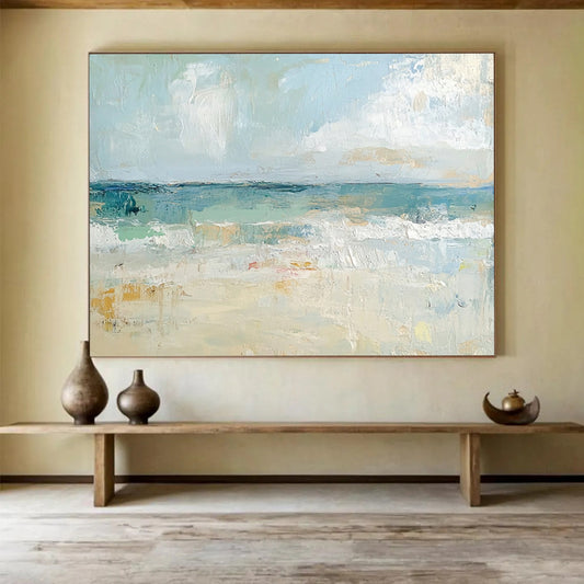 “Pastel Beach Serenity” - Light Blues, Creams, Soft Golds, Calm Beach - Impressionist Oil Painting HB1565