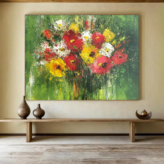 Impasto Flower Bouquet on Green - Vibrant Still - Life Oil Painting On Canvas HB0476