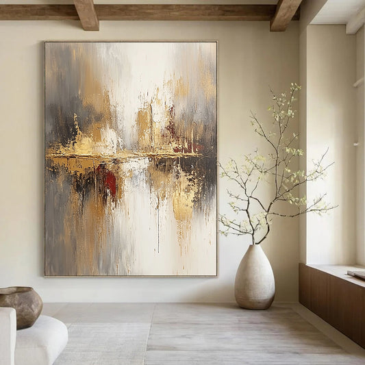Large contemporary abstract painting featuring soft beige and gray tones enhanced with gold accents and a blurred background for a modern aesthetic. DLZ0759
