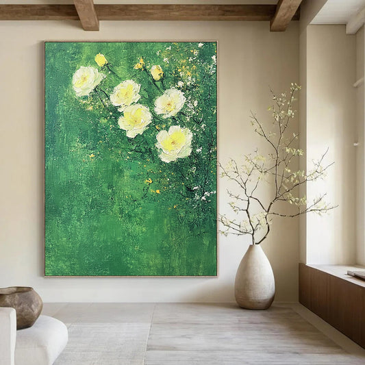 Contemporary abstract art featuring white roses on a textured green background with soft colors and minimalist Impressionist influences. DLZ1752
