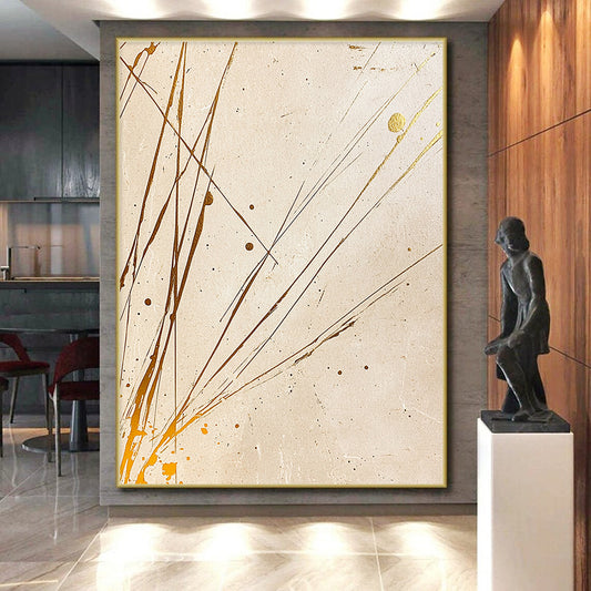 Beige, Gold, Splattered Lines "Earthy Elegance" Abstract Painting On Canvas HB033