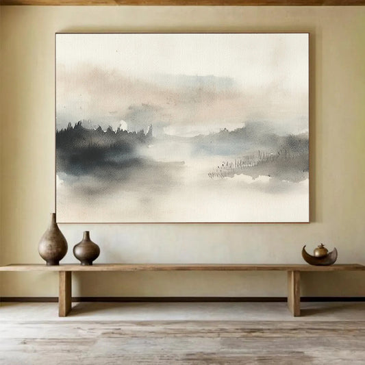“Misty Landscape Watercolor” - Gray, Beige, Misty Landscape Watercolor On Canvas HB0717