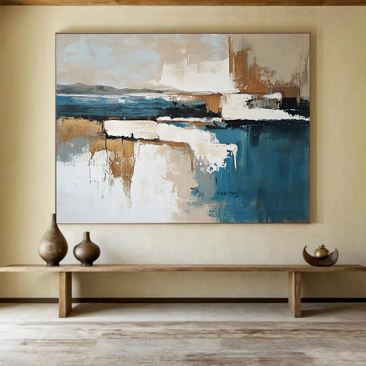 “Abstract Coastal Landscape” - Blue, Beige, White, Brown with Layered Forms - Painting On Canvas HB1384