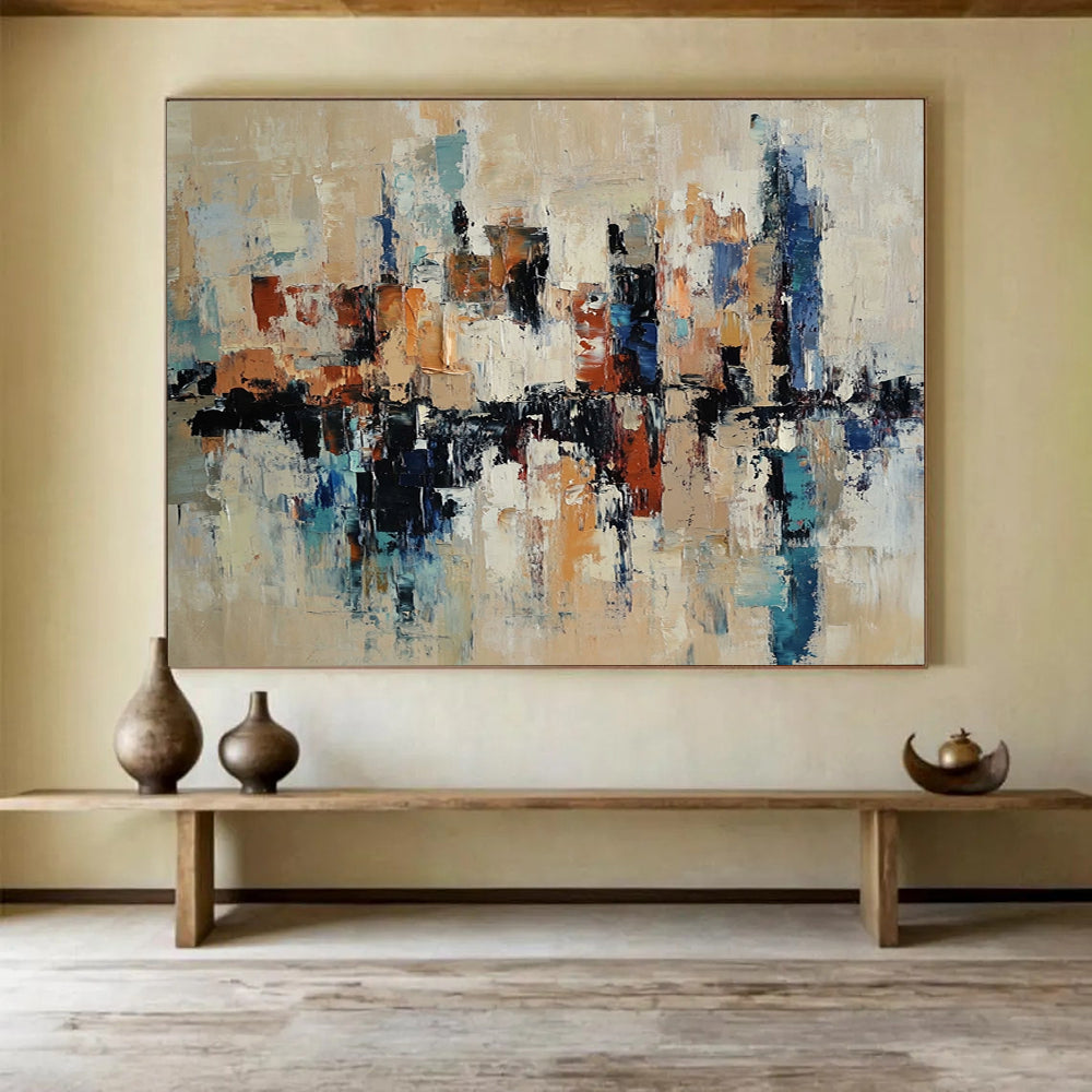 “Cityscape Abstract” - Beige, Blue, Brown, White with Reflective Shapes - Painting On Canvas HB1393