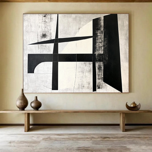 Geometric Black and White Cross - Precision Abstract Painting On Canvas HB0464