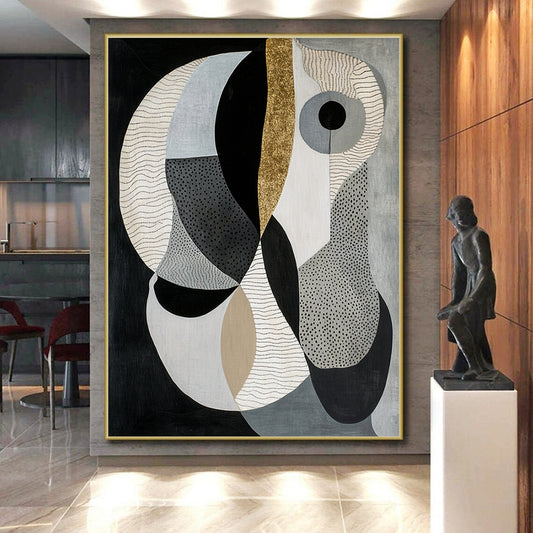 Black, Gray, Beige & Gold Geometric Shapes - “Gilded Modern Geometry” Painting On Canvas HB211